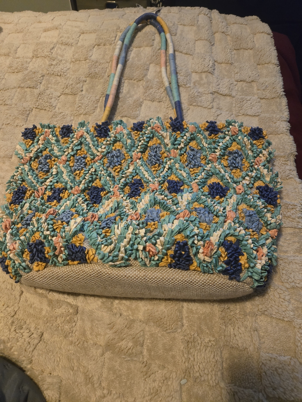Crochet Diamond-Pattern Hobo Bag in Teal & Navy